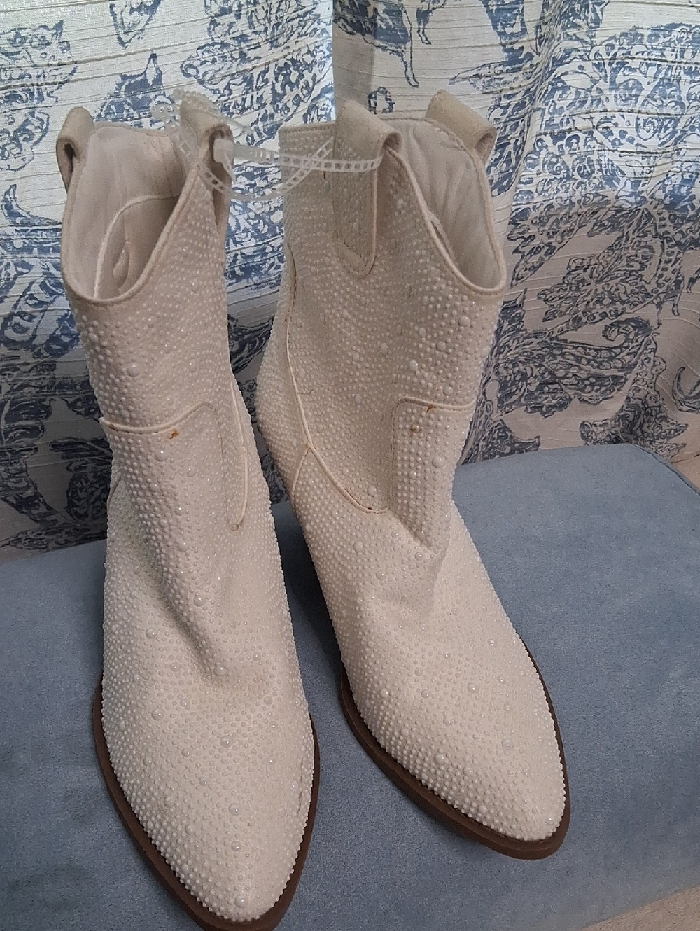 Beige Embellished Western Ankle Boots - Women
